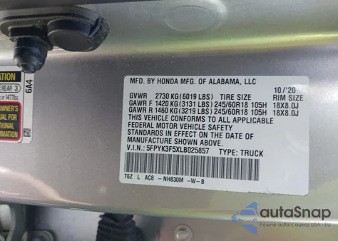 2020 Honda Ridgeline Awd Rtl из США, поврежденный, VIN 5FPYK3F5XLB025857